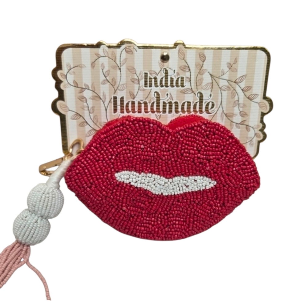 ❤️▪️Made In India ▪️Handmade Beaded Lip-Shaped Beaded Coin Pouch Red/ White